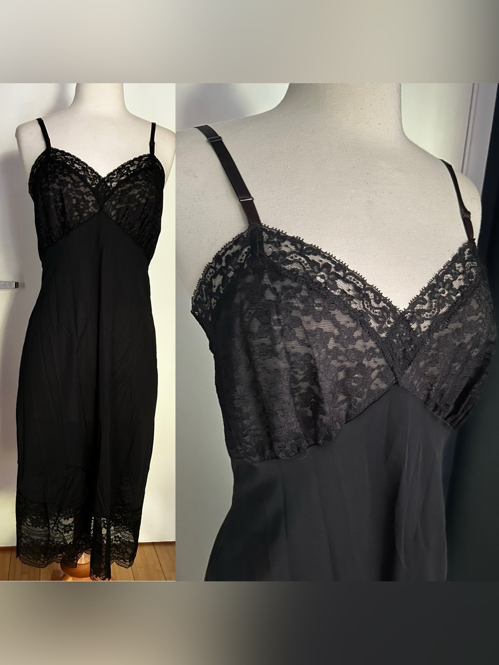 Vintage Van Raalte Black Lace Slip Chemise with Adjustable Straps